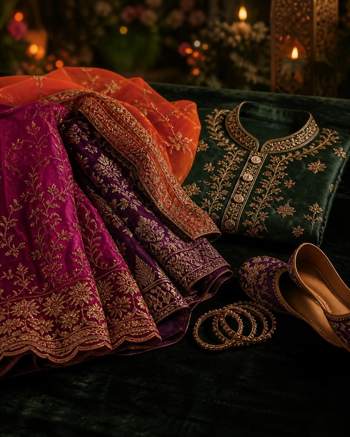 Magenta and purple embroidered festive fabrics beside a deep-green kurta and gold accessories