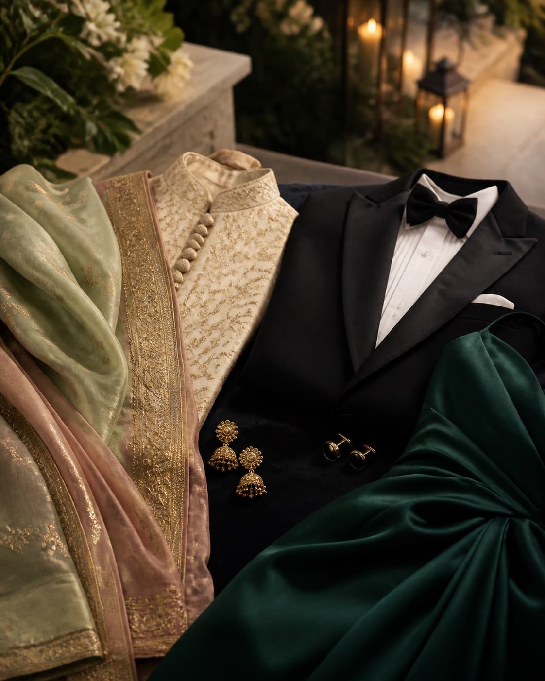 Sage and blush Indian formalwear beside a black tuxedo and deep-emerald evening silk