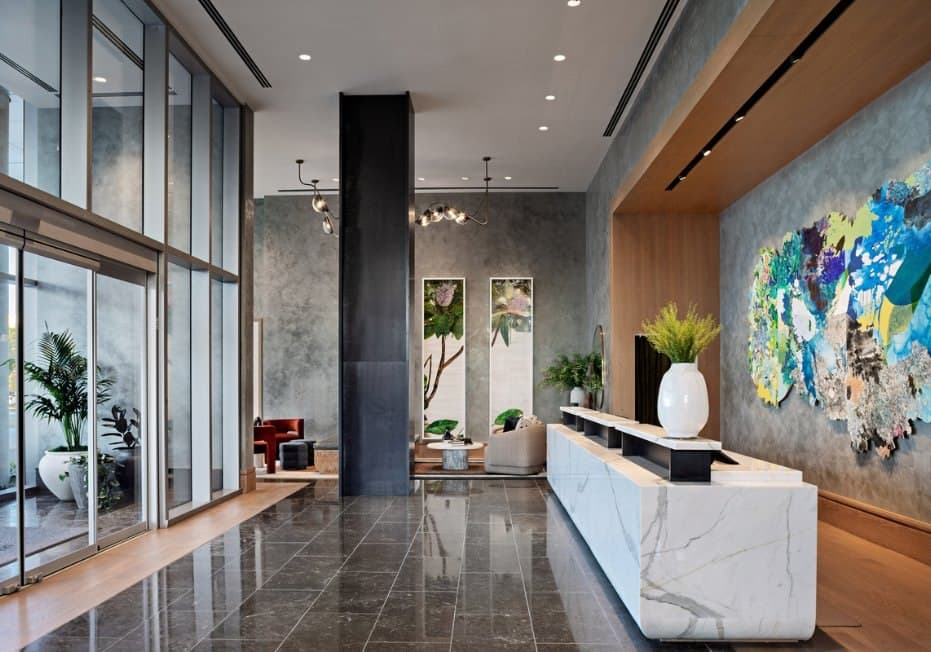 The bright art-filled lobby at Hall Park Hotel in Frisco